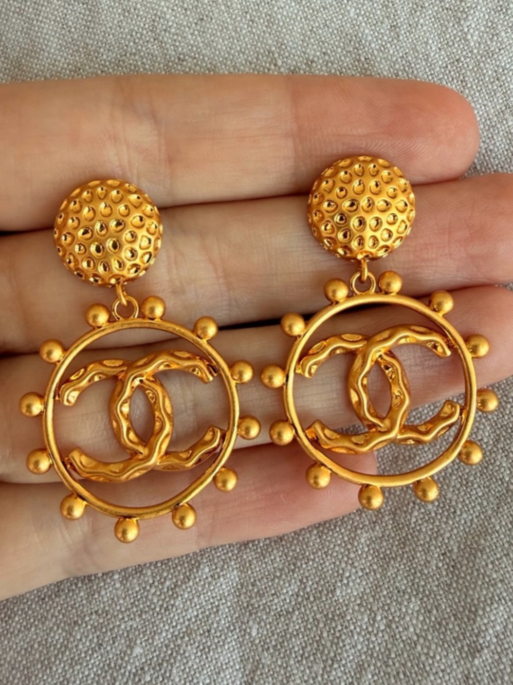 Chanel CC Medallion Hoop Drop Earrings Gold